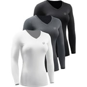 NELEUS Womens Compression Shirts Workout Yoga T Shirt V Neck Long Sleeve 3 Pack,Black+Gray+White,US Size S