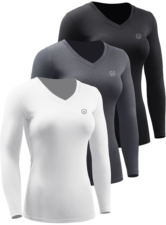 Womens Compression Shirts Workout Yoga T Shirt V Neck Long Sleeve 3 Pack,Black+Gray+White,US Size S