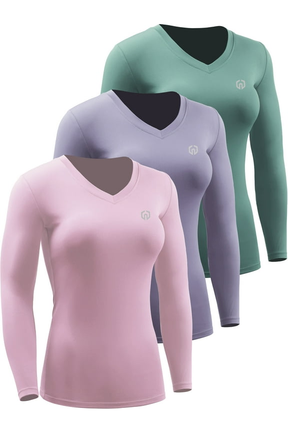 Womens Compression Shirts Workout Yoga T Shirt V Neck Long Sleeve 3 Pack,Blackish Green+Purple+Light Pink,US Size S