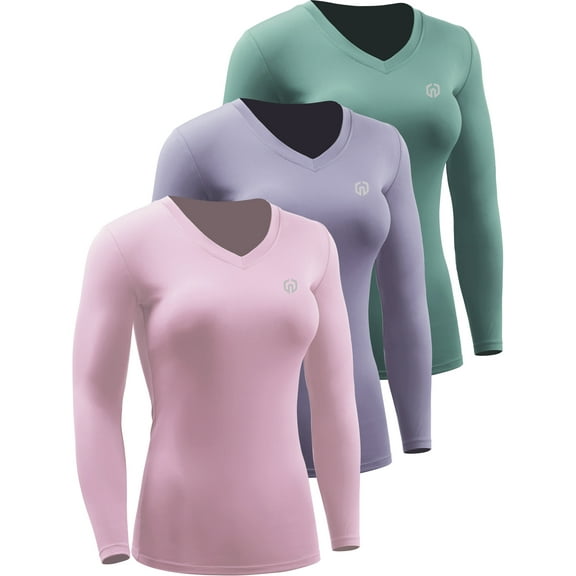 NELEUS Womens Compression Shirts Workout Yoga T Shirt V Neck Long Sleeve 3 Pack,Blackish Green Purple Light Pink,US Size XL