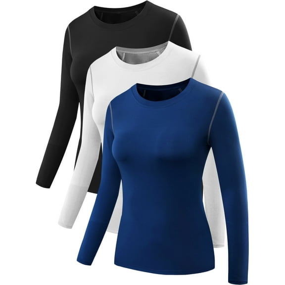 NELEUS Womens Compression T Shirt Athletic Running Dry Fit Long Sleeve 3 Pack,Black Blue White,US Size 2XL