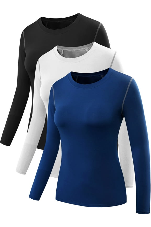 Womens Compression T Shirt Athletic Running Dry Fit Long Sleeve 3 Pack,Black+Blue+White,US Size M