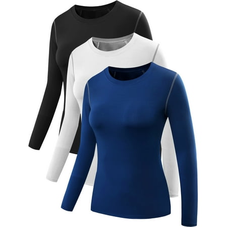 NELEUS Womens Compression T Shirt Athletic Running Dry Fit Long Sleeve 3 Pack,Black+Blue+White,US Size XL