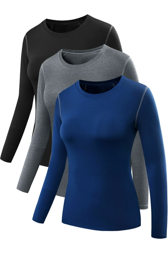 Womens Compression T Shirt Athletic Running Dry Fit Long Sleeve 3 Pack,Black+Gray+Blue,US Size XL