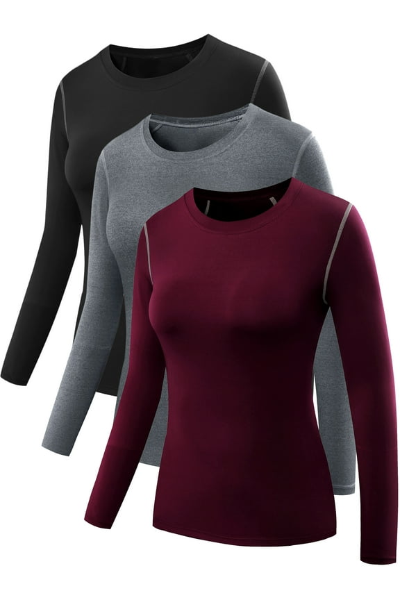 Womens Compression T Shirt Athletic Running Dry Fit Long Sleeve 3 Pack,Black+Gray+Red wine,US Size 2XL