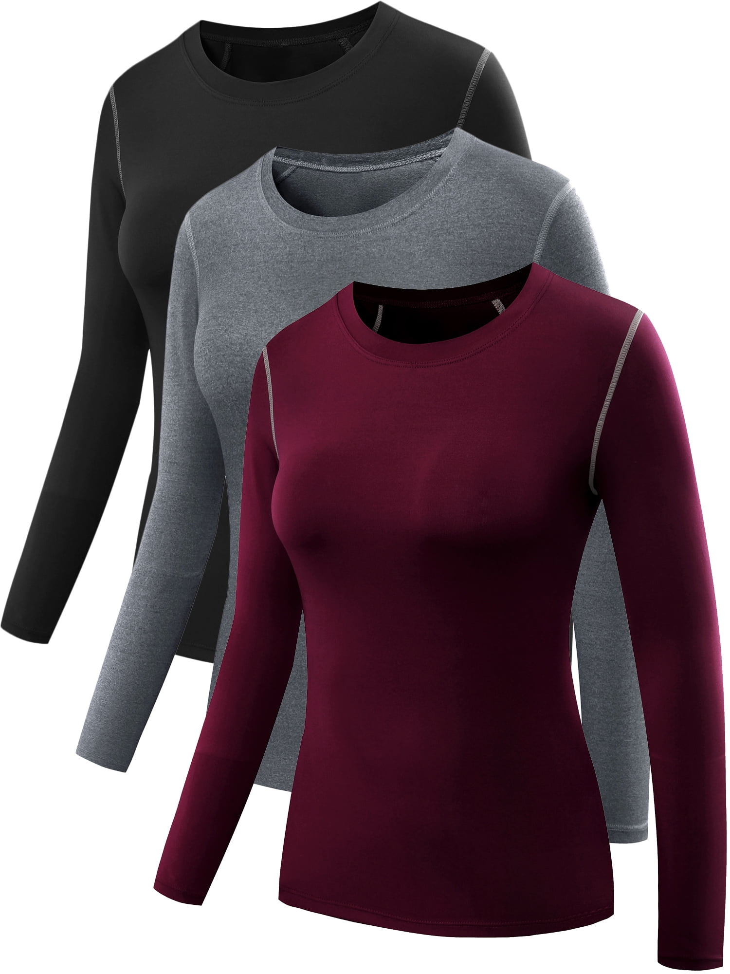 Womens Compression T Shirt Athletic Running Dry Fit Long Sleeve 3 Pack,Black+Gray+Red wine,US Size XL