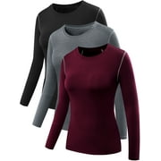 NELEUS Womens Compression T Shirt Athletic Running Dry Fit Long Sleeve 3 Pack,Black+Gray+Red wine,US Size XL