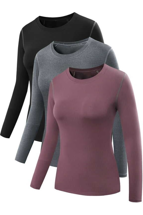 Womens Compression T Shirt Athletic Running Dry Fit Long Sleeve 3 Pack,Black+Gray+Rosy Brown,US Size 2XL