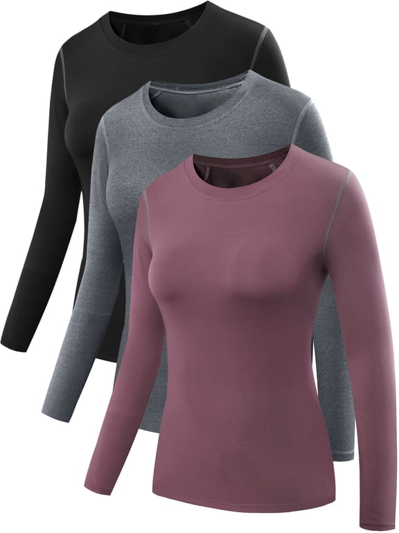 Womens Compression T Shirt Athletic Running Dry Fit Long Sleeve 3 Pack,Black+Gray+Rosy Brown,US Size L