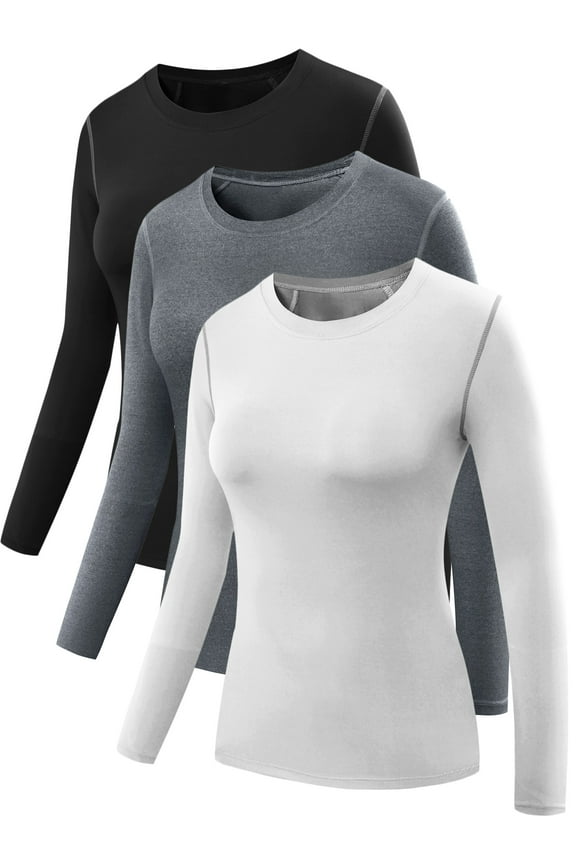Womens Compression T Shirt Athletic Running Dry Fit Long Sleeve 3 Pack,Black+Gray+White,US Size 2XL