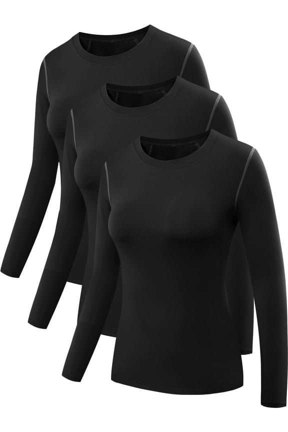 Womens Compression T Shirt Athletic Running Dry Fit Long Sleeve 3 Pack,Black,US Size 2XL