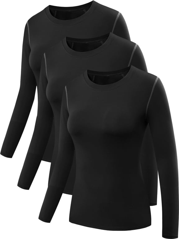 Womens Compression T Shirt Athletic Running Dry Fit Long Sleeve 3 Pack,Black,US Size XL