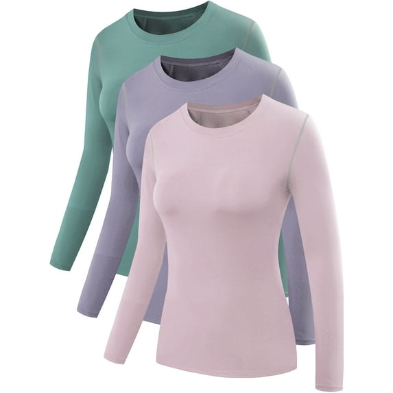 NELEUS Womens Compression T Shirt Athletic Running Dry Fit Long Sleeve 3 Pack,Blackish Green+Purple+Light Pink,US Size L