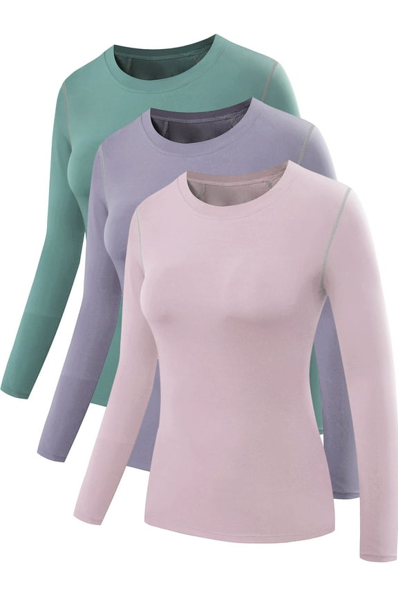 Womens Compression T Shirt Athletic Running Dry Fit Long Sleeve 3 Pack,Blackish Green+Purple+Light Pink,US Size XL
