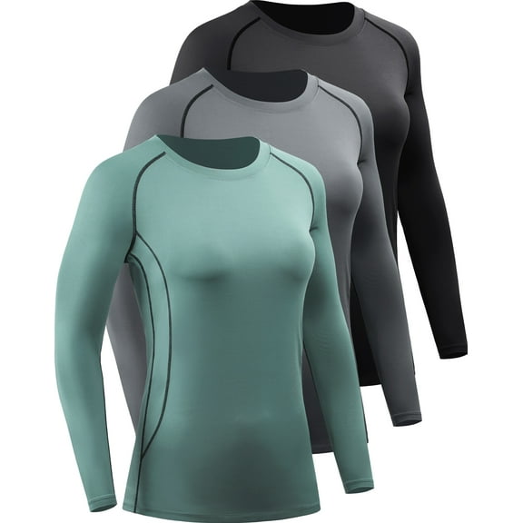 NELEUS Womens Compression T Shirt Yoga Athletic Dry Fit Long Sleeve 3 Pack,Black Gray Blackish Green,US Size S