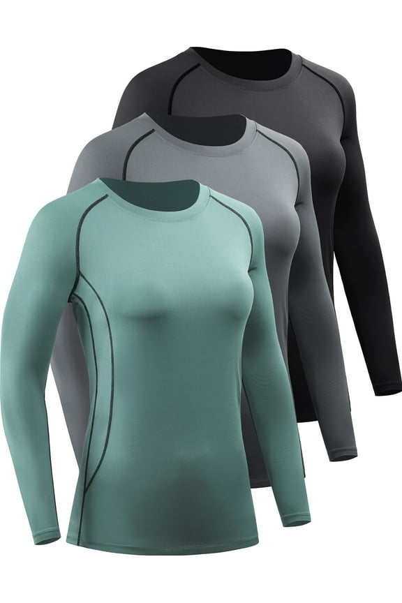Womens Compression T Shirt Yoga Athletic Dry Fit Long Sleeve 3 Pack,Black+Gray+Blackish Green,US Size XL
