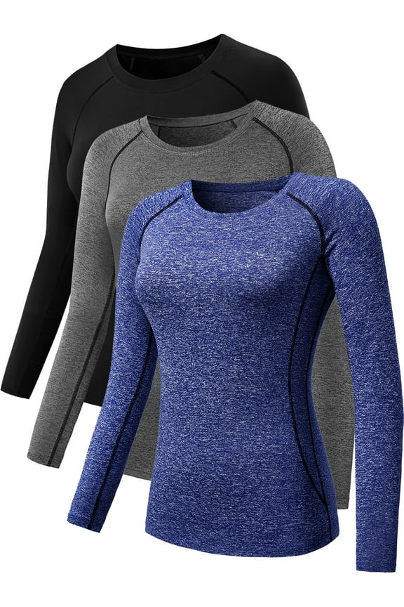 Womens Compression T Shirt Yoga Athletic Dry Fit Long Sleeve 3 Pack,Black+Gray+Blue,US Size 2XL