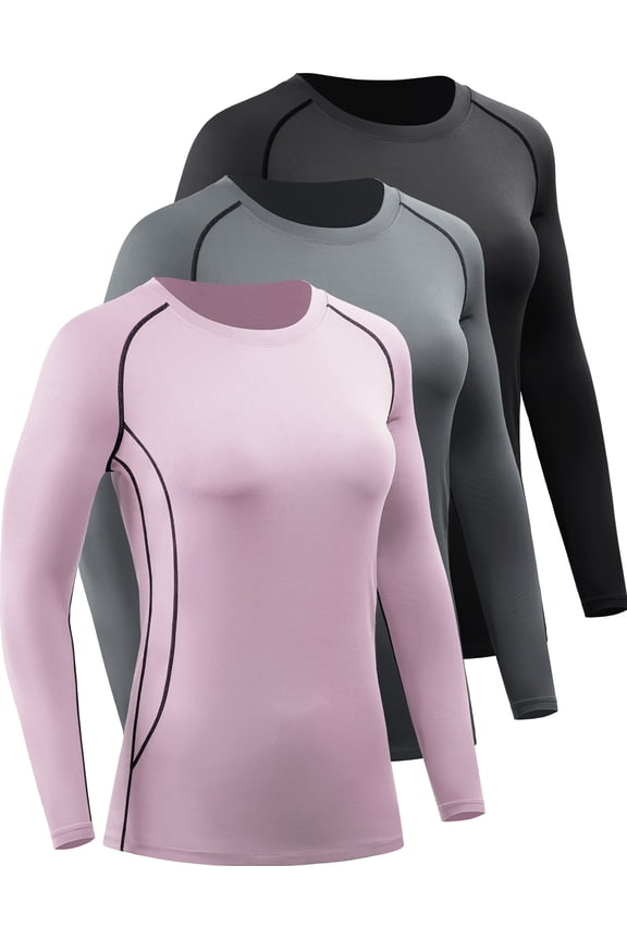 Womens Plus Size Compression T Shirt Yoga Athletic Dry Fit Long Sleeve 3 Pack,Black+Gray+Light Pink,US Size 2XL