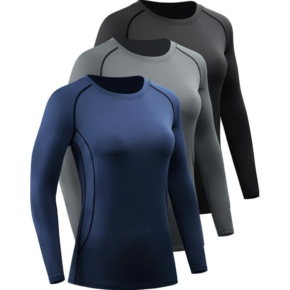 NELEUS Womens Compression T Shirt Yoga Athletic Dry Fit Long Sleeve 3 Pack,Black Gray Navy Blue,US Size M