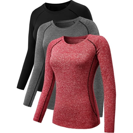 NELEUS Womens Plus Size Compression T Shirt Yoga Athletic Dry Fit Long Sleeve 3 Pack,Black+Gray+Red,US Size 2XL