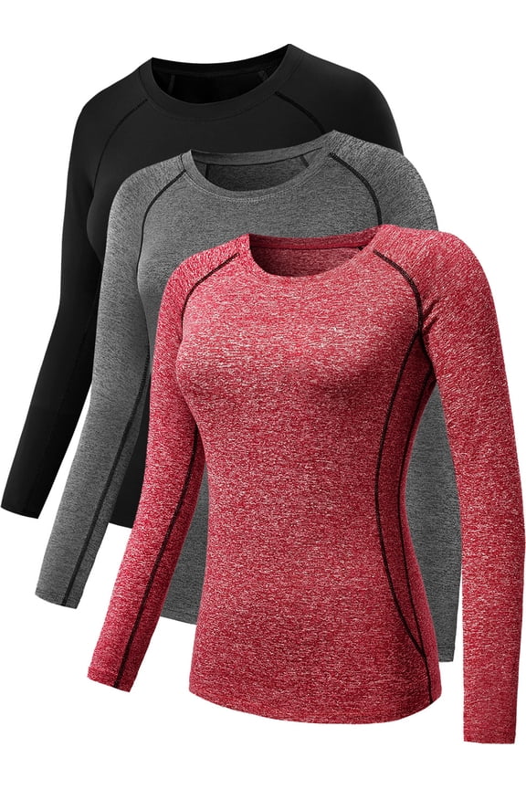 Womens Compression T Shirt Yoga Athletic Dry Fit Long Sleeve 3 Pack,Black+Gray+Red,US Size M