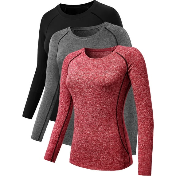 NELEUS Womens Compression T Shirt Yoga Athletic Dry Fit Long Sleeve 3 Pack,Black+Gray+Red,US Size M