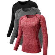 NELEUS Womens Compression T Shirt Yoga Athletic Dry Fit Long Sleeve 3 Pack,Black+Gray+Red,US Size S