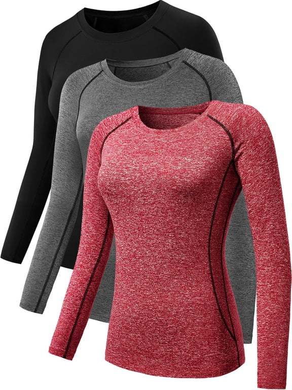Womens Compression T Shirt Yoga Athletic Dry Fit Long Sleeve 3 Pack,Black+Gray+Red,US Size S