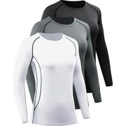 NELEUS Womens Compression T Shirt Yoga Athletic Dry Fit Long Sleeve 3 Pack,Black+Gray+White,US Size L
