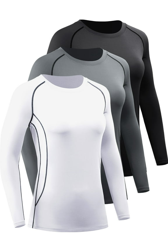 Womens Compression T Shirt Yoga Athletic Dry Fit Long Sleeve 3 Pack,Black+Gray+White,US Size M