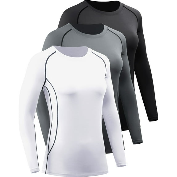 NELEUS Womens Compression T Shirt Yoga Athletic Dry Fit Long Sleeve 3 Pack,Black+Gray+White,US Size XL