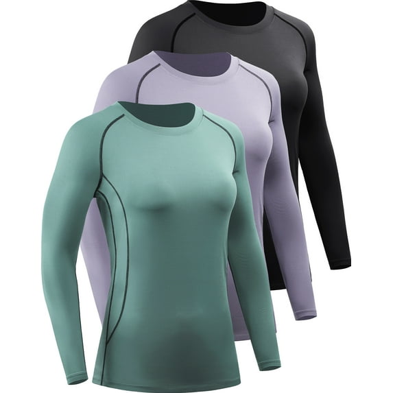 NELEUS Womens Compression T Shirt Yoga Athletic Dry Fit Long Sleeve 3 Pack,Black+Purple+Blackish Green,US Size 2XL