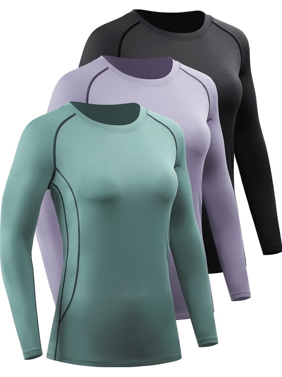 Womens Compression T Shirt Yoga Athletic Dry Fit Long Sleeve 3 Pack,Black+Purple+Blackish Green,US Size L
