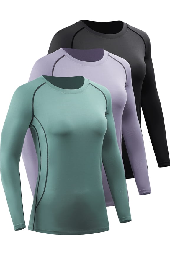 Womens Compression T Shirt Yoga Athletic Dry Fit Long Sleeve 3 Pack,Black+Purple+Blackish Green,US Size M