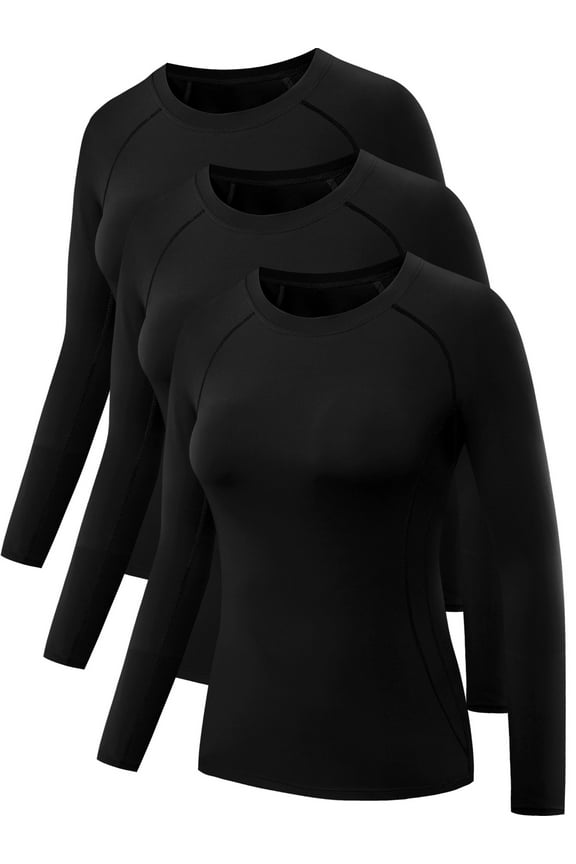 Womens Compression T Shirt Yoga Athletic Dry Fit Long Sleeve 3 Pack,Black,US Size L