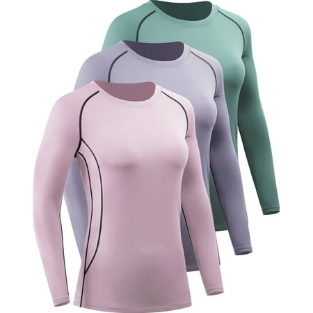 NELEUS Womens Compression T Shirt Yoga Athletic Dry Fit Long Sleeve 3 Pack,Blackish Green+Purple+Light Pink,US Size L