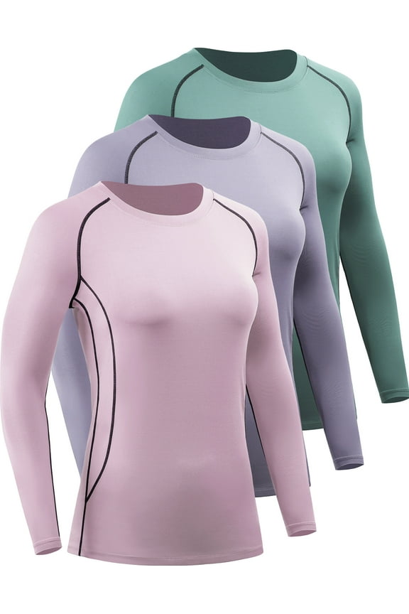 Womens Compression T Shirt Yoga Athletic Dry Fit Long Sleeve 3 Pack,Blackish Green+Purple+Light Pink,US Size S