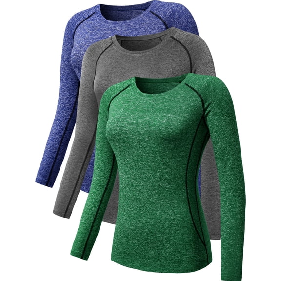NELEUS Womens Plus Size Compression T Shirt Yoga Athletic Dry Fit Long Sleeve 3 Pack,Gray+Blue+Green,US Size 2XL