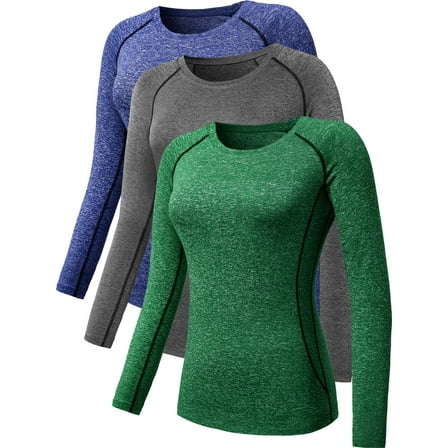 NELEUS Womens Compression T Shirt Yoga Athletic Dry Fit Long Sleeve 3 Pack,Gray+Blue+Green,US Size M