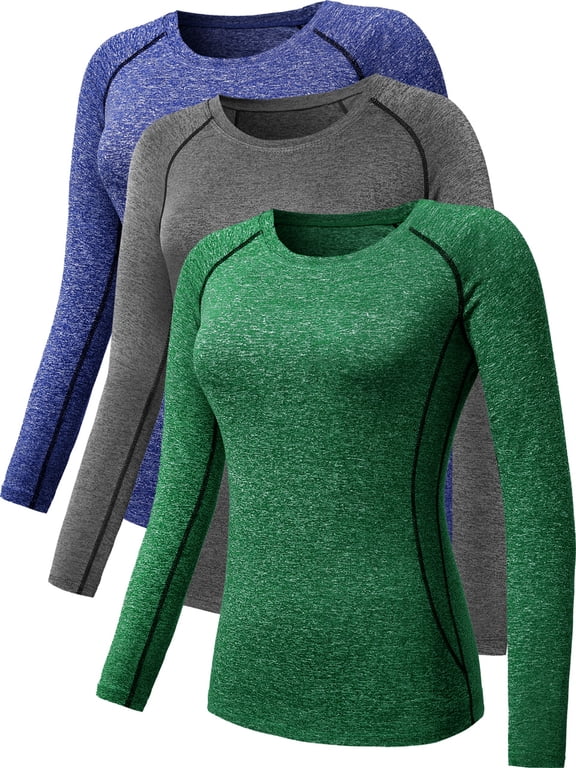 Womens Compression T Shirt Yoga Athletic Dry Fit Long Sleeve 3 Pack,Gray+Blue+Green,US Size M