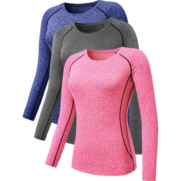 NELEUS Womens Plus Size Compression T Shirt Yoga Athletic Dry Fit Long Sleeve 3 Pack,Gray+Blue+Pink,US Size 2XL