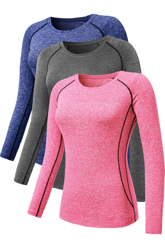 Womens Compression T Shirt Yoga Athletic Dry Fit Long Sleeve 3 Pack,Gray+Blue+Pink,US Size L
