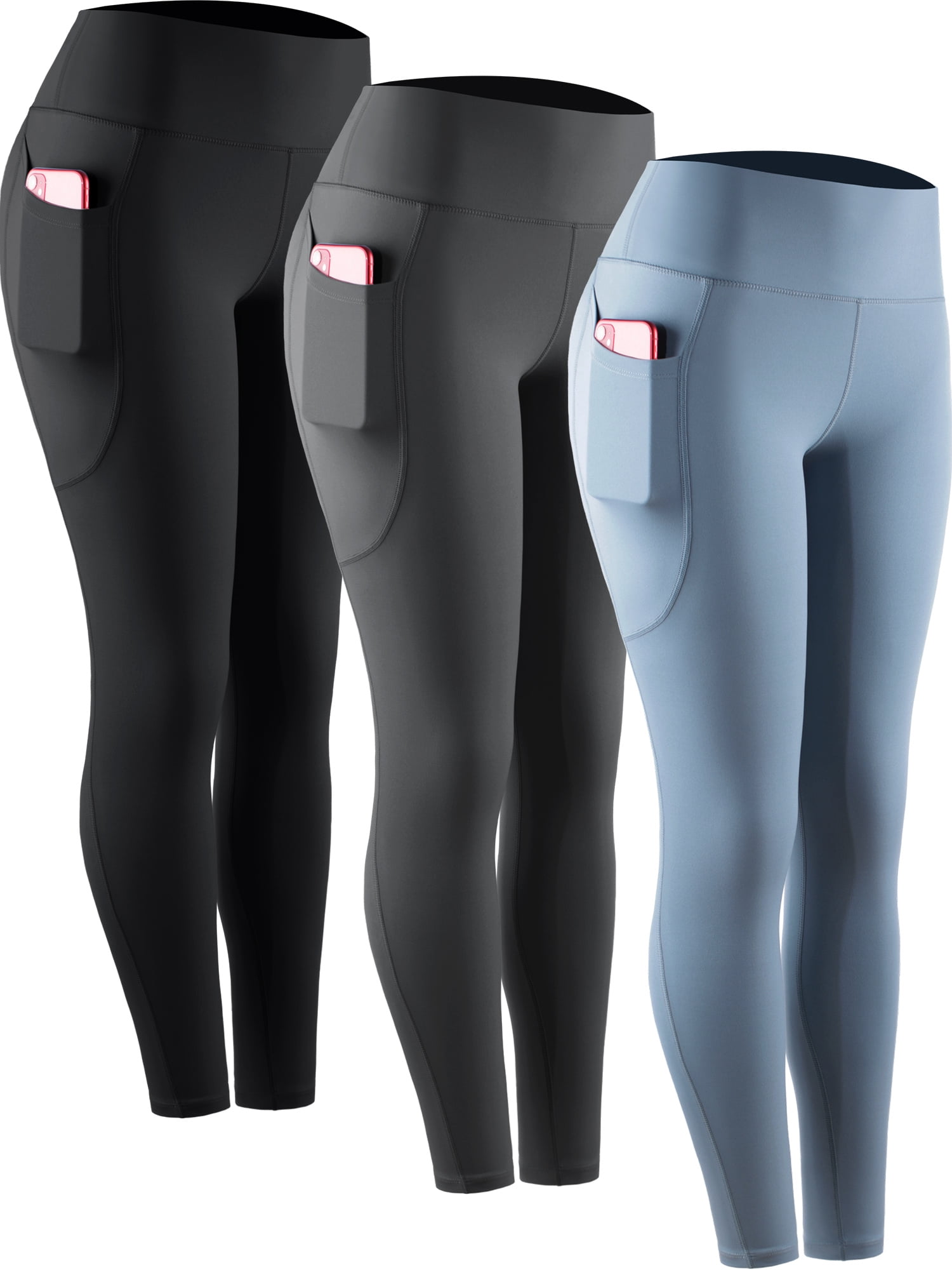 NELEUS Womens Compression Yoga Leggings for Workout High Waist Tummy Control with 2 Pockets,Black+Gray+Light Blue,US Size XL