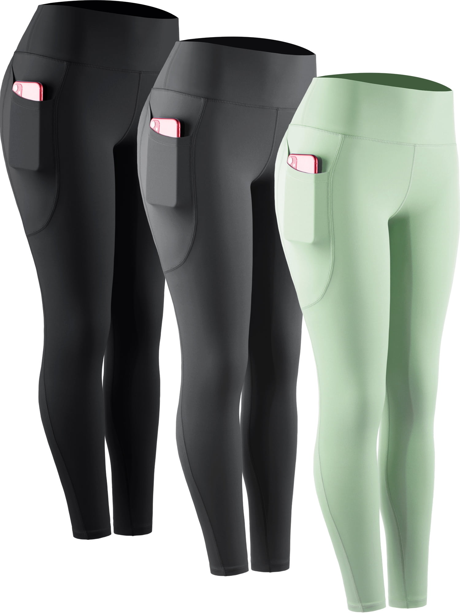 NELEUS Womens Compression Yoga Leggings for Workout High Waist Tummy Control with 2 Pockets,Black+Gray+Light Green,US Size S