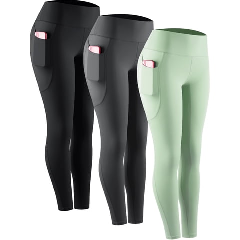 Womens Compression Yoga Leggings for Workout High Waist Tummy Control with 2 Pockets,Black+Gray+Light Green,US Size S