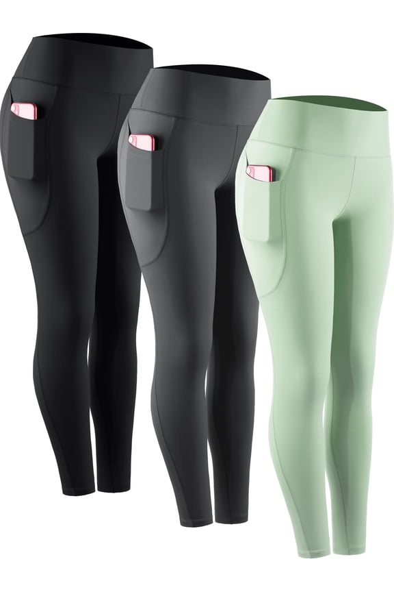 Womens Compression Yoga Leggings for Workout High Waist Tummy Control with 2 Pockets,Black+Gray+Light Green,US Size S