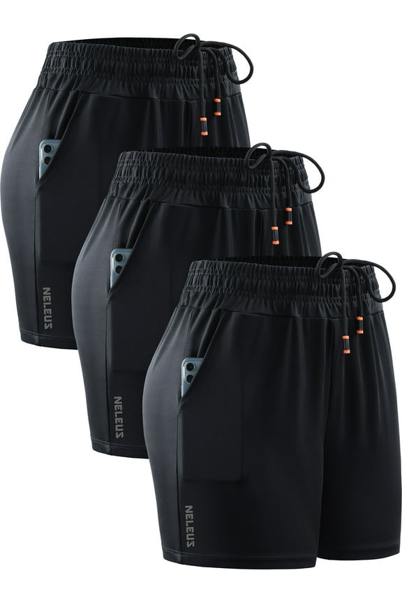 Womens Elastic Waist Athletic Running Shorts for Workout Casual with Pockets,3 packs, Black,US Size L