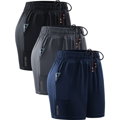 NELEUS Womens Elastic Waist Athletic Running Shorts for Workout Casual with Pockets,Black+Gray+Navy Blue,US Size S