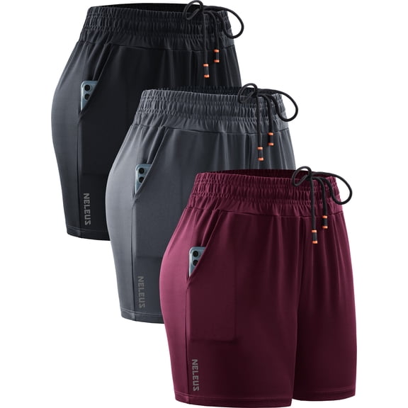 NELEUS Womens Elastic Waist Athletic Running Shorts for Workout Casual with Pockets,Black+Gray+Wine Red,US Size S
