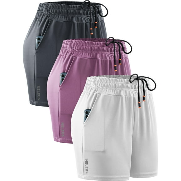 NELEUS Womens Elastic Waist Athletic Running Shorts for Workout Casual with Pockets,Gray Pink White,US Size L